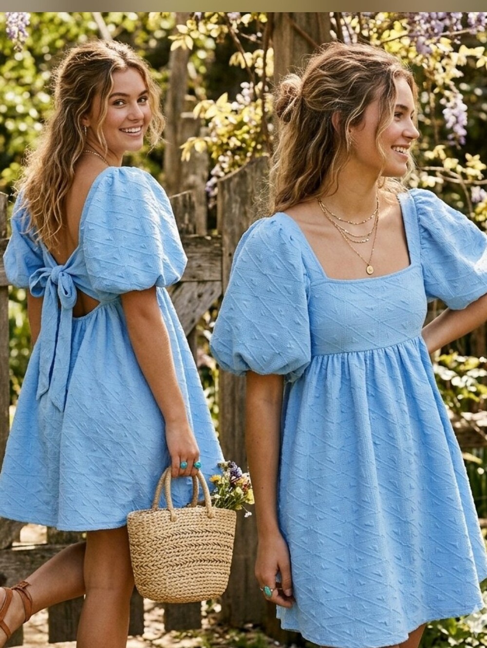 FREE PEOPLE Women's Blue Perwinkle Mini Textured Balloon Sleeve  Dress Size S